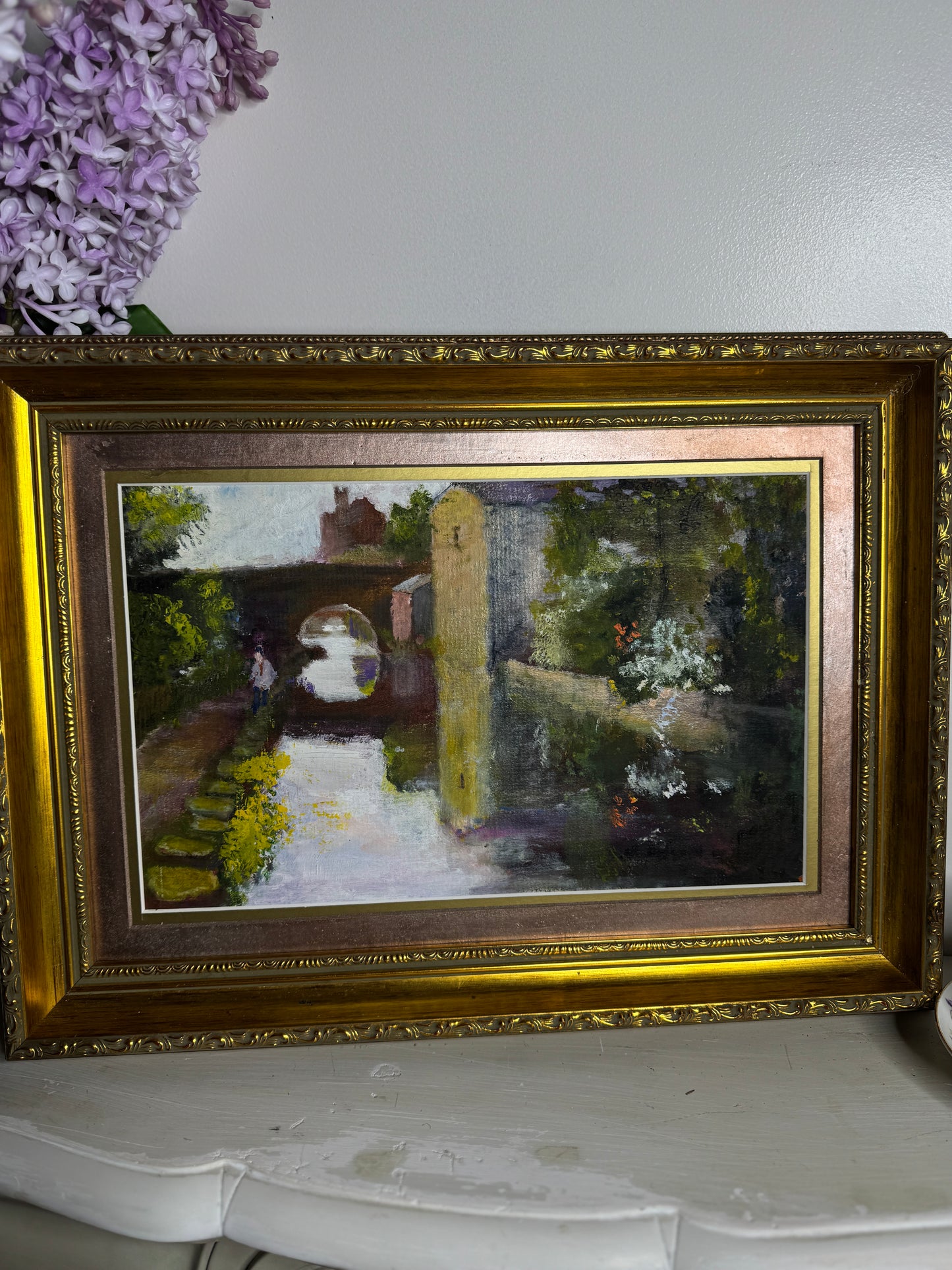 Original Oil Painting “Canal Walk” by J. Morris – Vintage Framed Landscape Oil 38 x 34 cm
