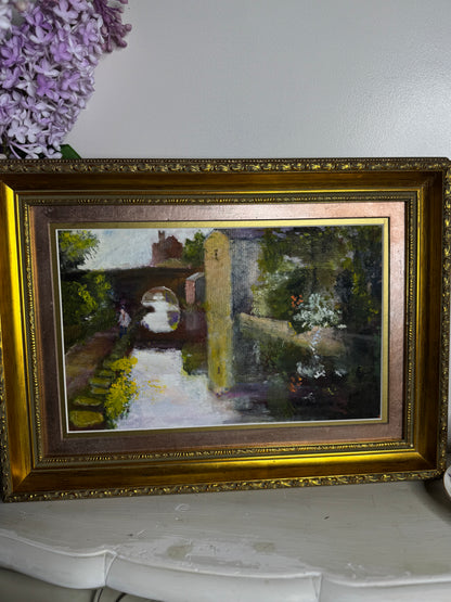 Original Oil Painting “Canal Walk” by J. Morris – Vintage Framed Landscape Oil 38 x 34 cm