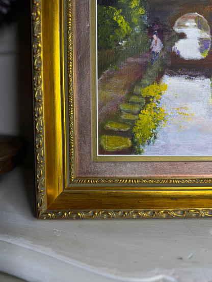 Original Oil Painting “Canal Walk” by J. Morris – Vintage Framed Landscape Oil 38 x 34 cm