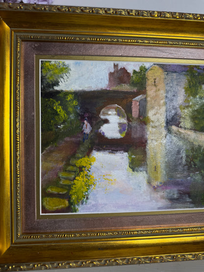 Original Oil Painting “Canal Walk” by J. Morris – Vintage Framed Landscape Oil 38 x 34 cm