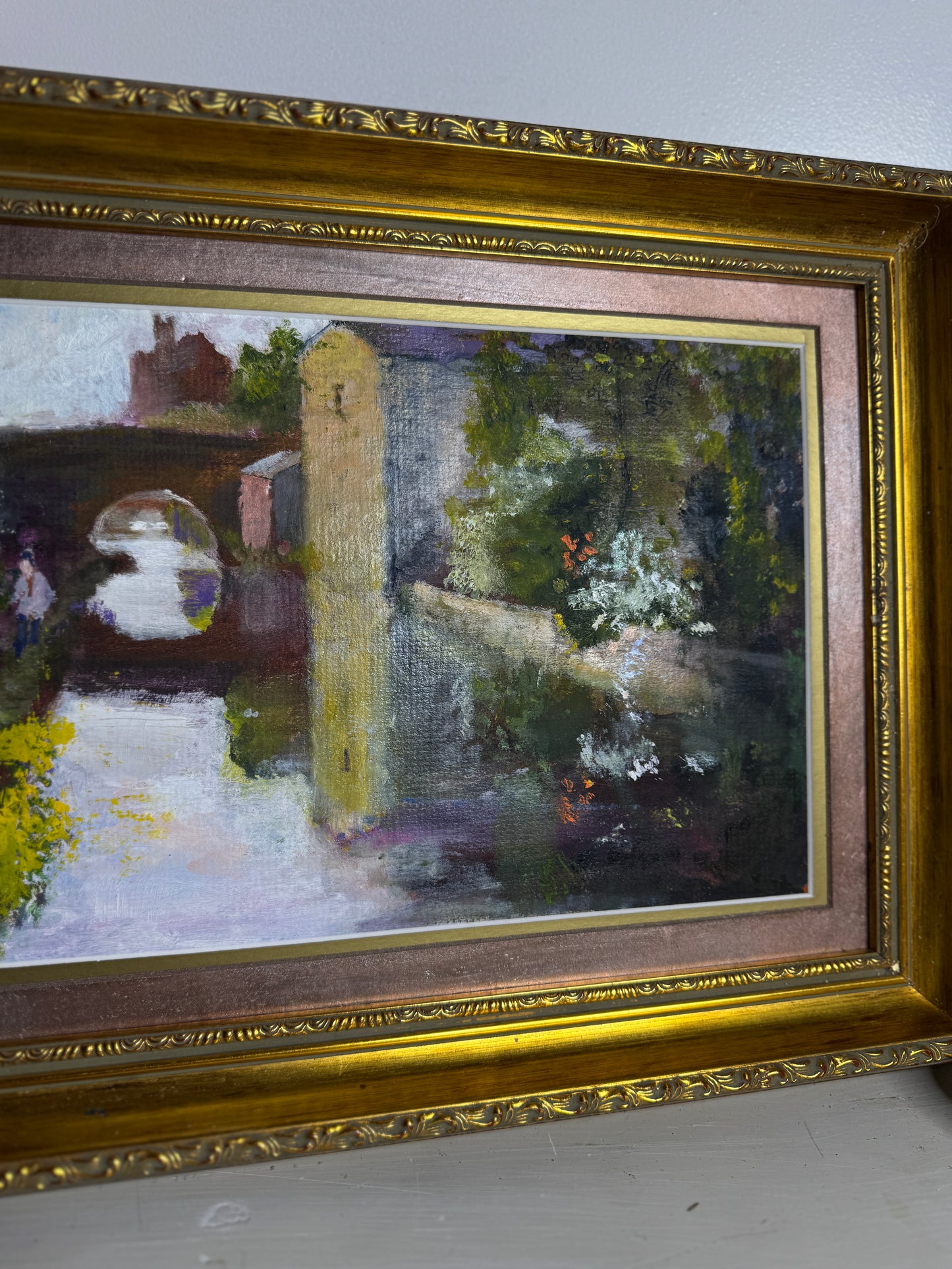 Original Oil Painting “Canal Walk” by J. Morris – Vintage Framed Landscape Oil 38 x 34 cm