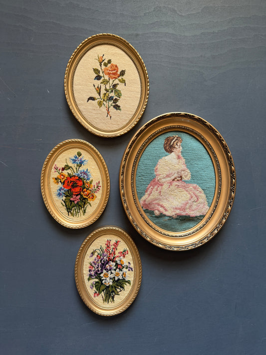 Vintage Gold Resin Frame Embroidery Art Set of 4 - (Late 1970s–Early 1980s)