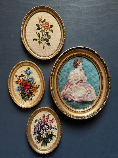 Vintage Gold Resin Frame Embroidery Art Set of 4 - (Late 1970s–Early 1980s)