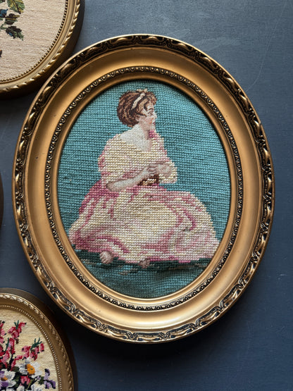 Vintage Gold Resin Frame Embroidery Art Set of 4 - (Late 1970s–Early 1980s)