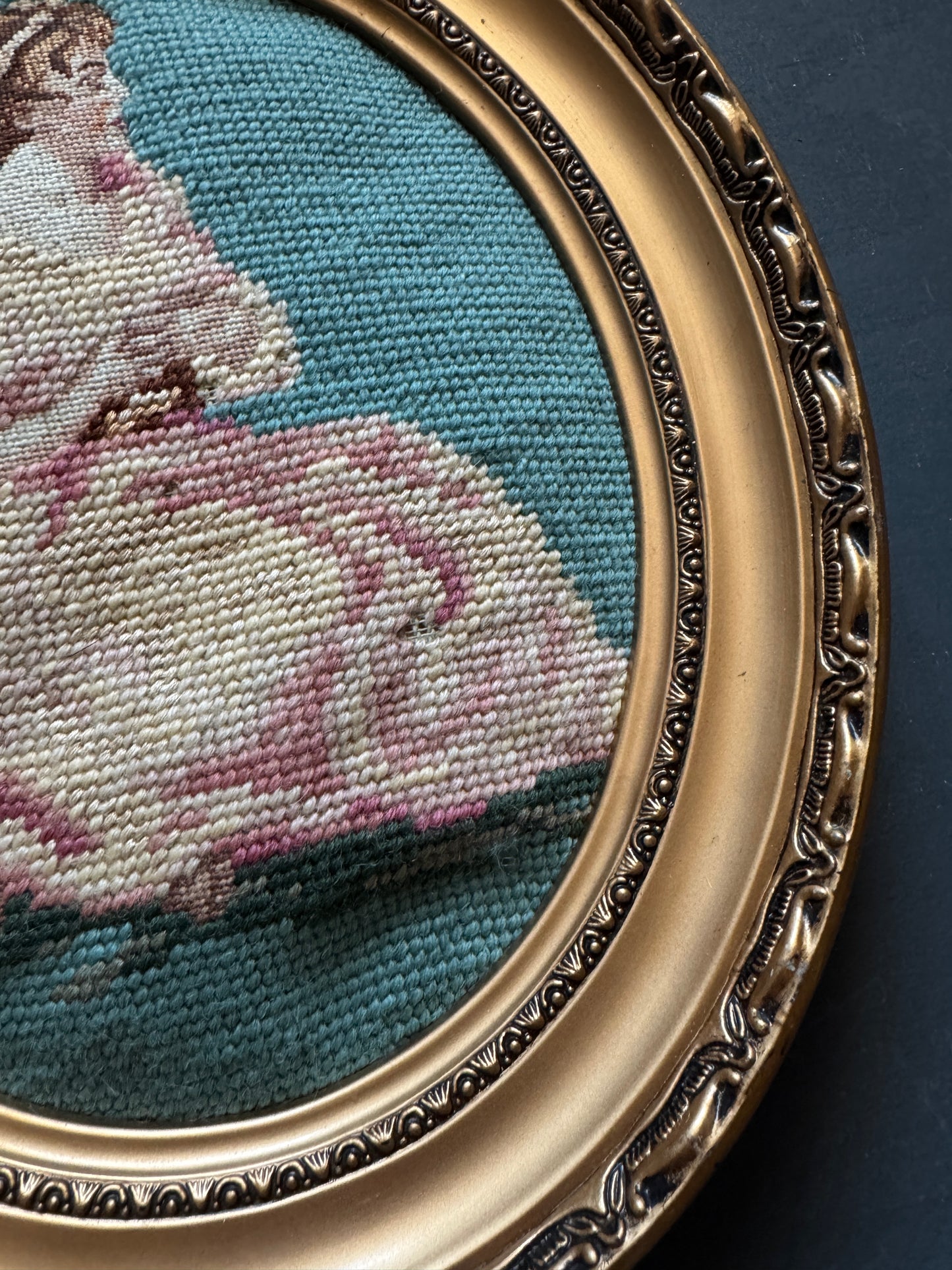 Vintage Gold Resin Frame Embroidery Art Set of 4 - (Late 1970s–Early 1980s)