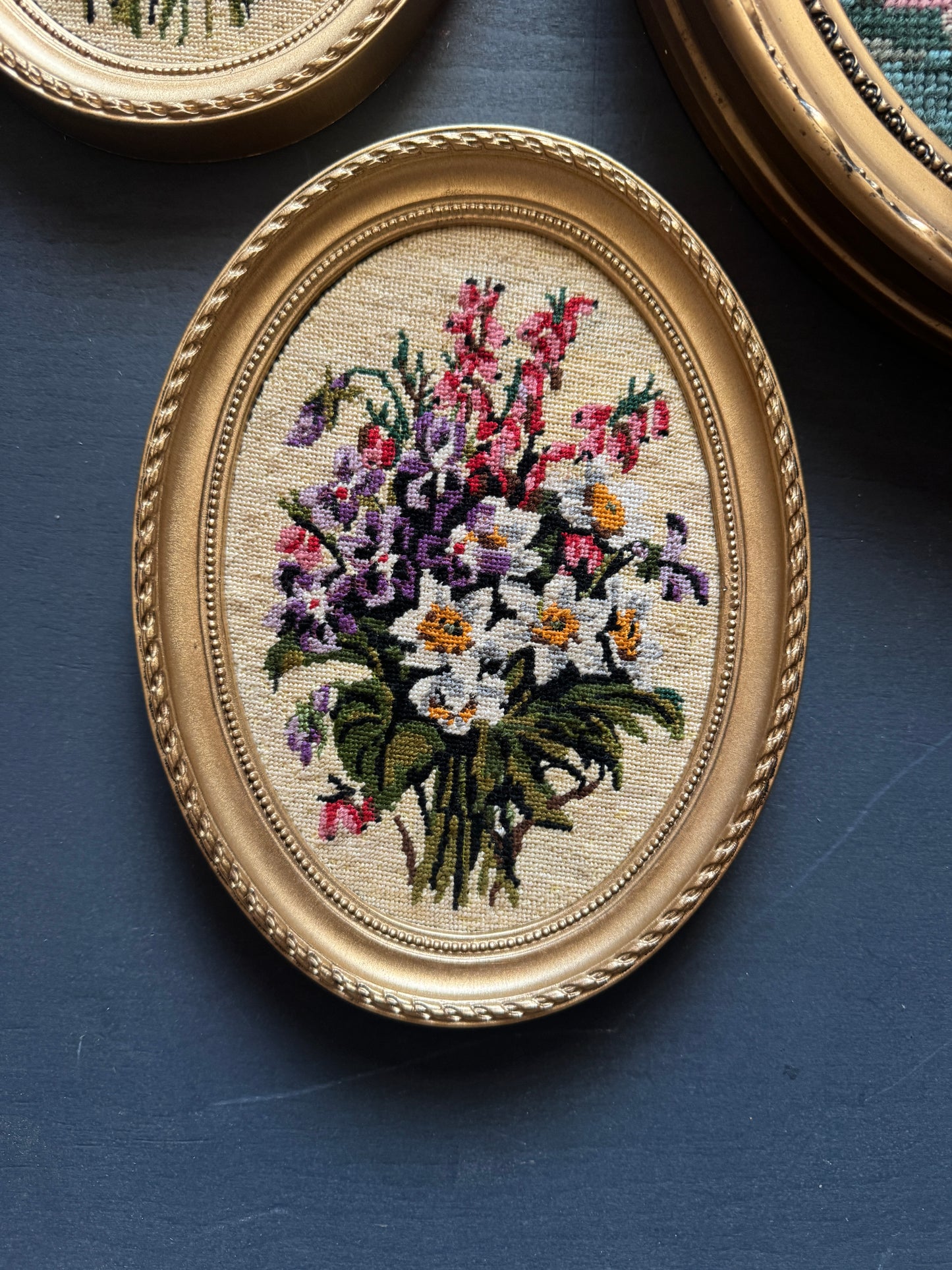 Vintage Gold Resin Frame Embroidery Art Set of 4 - (Late 1970s–Early 1980s)