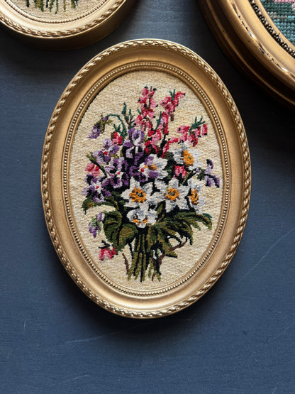 Vintage Gold Resin Frame Embroidery Art Set of 4 - (Late 1970s–Early 1980s)