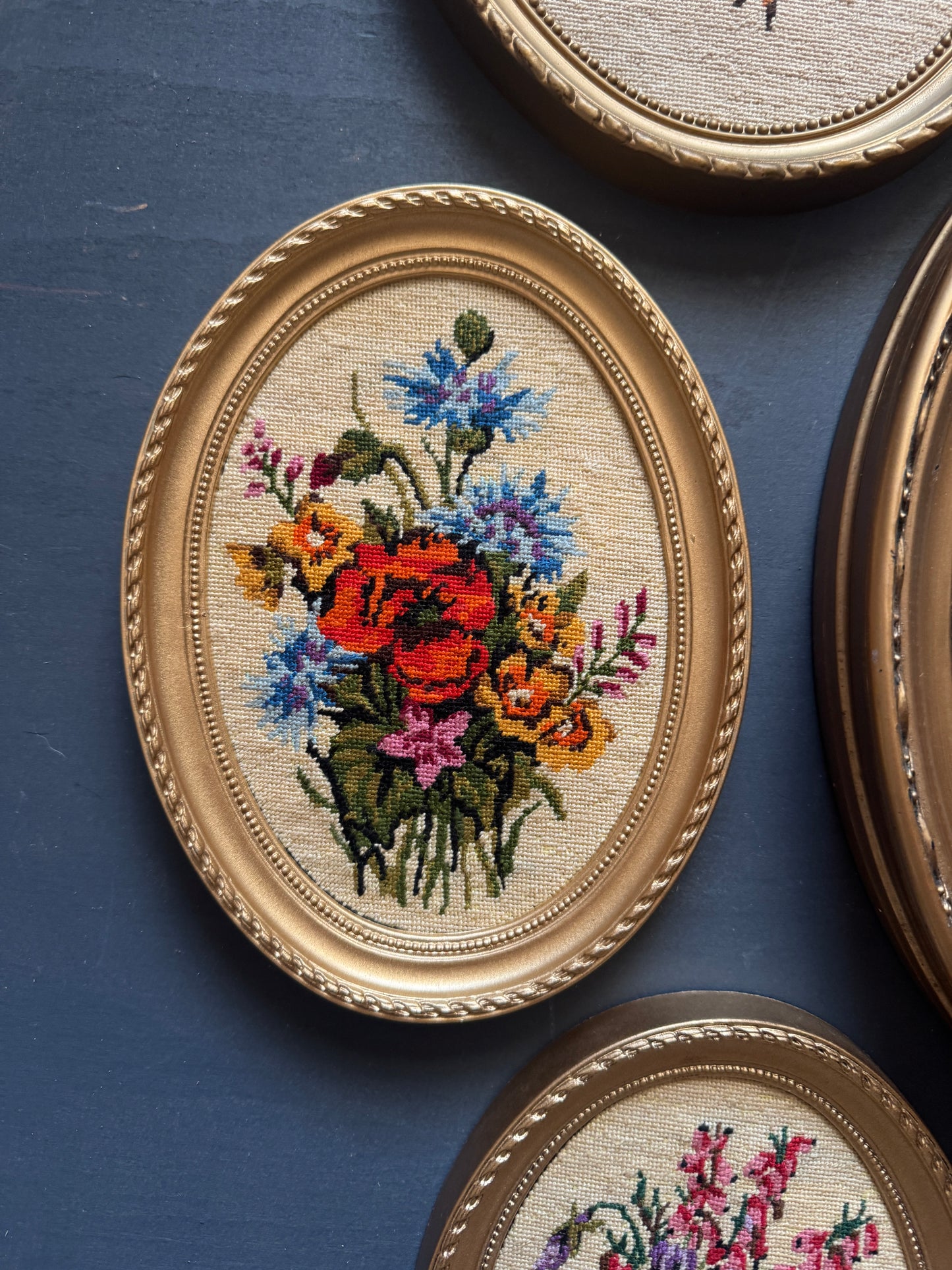 Vintage Gold Resin Frame Embroidery Art Set of 4 - (Late 1970s–Early 1980s)