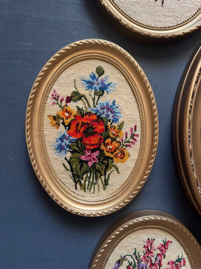 Vintage Gold Resin Frame Embroidery Art Set of 4 - (Late 1970s–Early 1980s)
