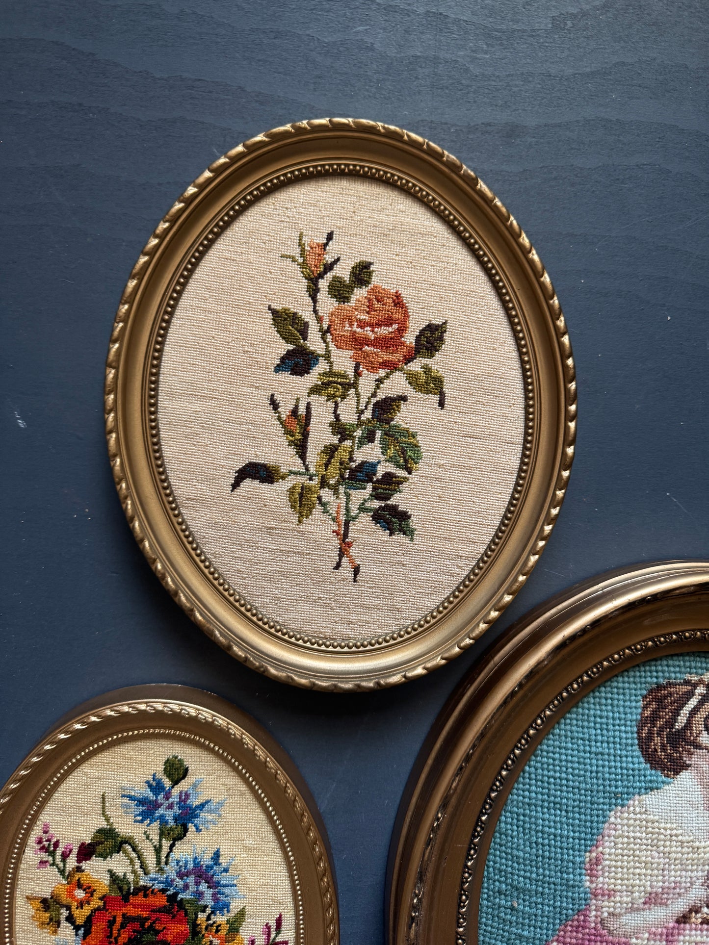 Vintage Gold Resin Frame Embroidery Art Set of 4 - (Late 1970s–Early 1980s)