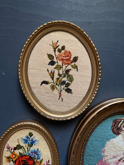 Vintage Gold Resin Frame Embroidery Art Set of 4 - (Late 1970s–Early 1980s)