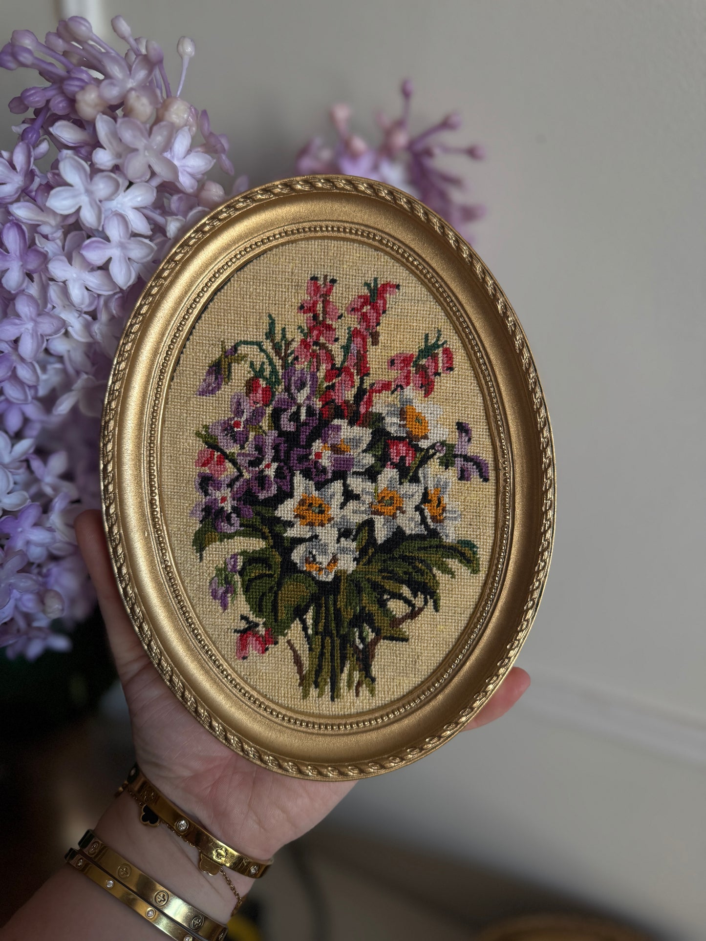 Vintage Gold Resin Frame Embroidery Art Set of 4 - (Late 1970s–Early 1980s)