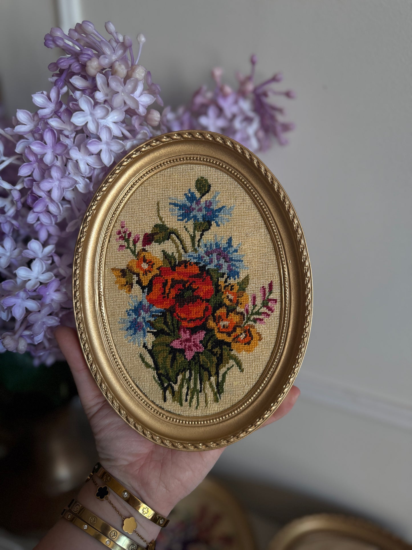 Vintage Gold Resin Frame Embroidery Art Set of 4 - (Late 1970s–Early 1980s)