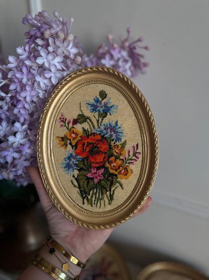 Vintage Gold Resin Frame Embroidery Art Set of 4 - (Late 1970s–Early 1980s)
