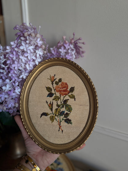 Vintage Gold Resin Frame Embroidery Art Set of 4 - (Late 1970s–Early 1980s)