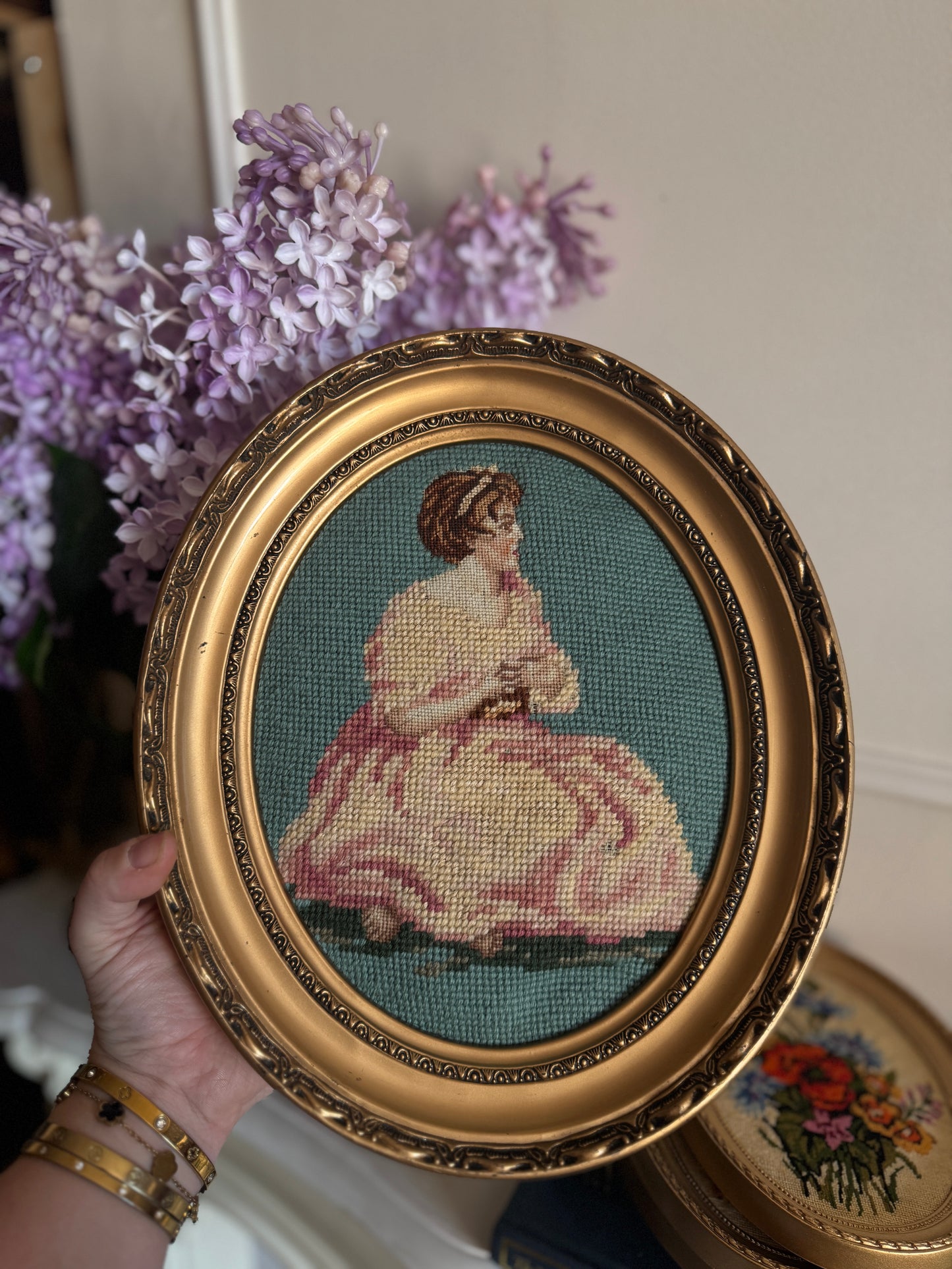 Vintage Gold Resin Frame Embroidery Art Set of 4 - (Late 1970s–Early 1980s)