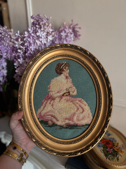 Vintage Gold Resin Frame Embroidery Art Set of 4 - (Late 1970s–Early 1980s)