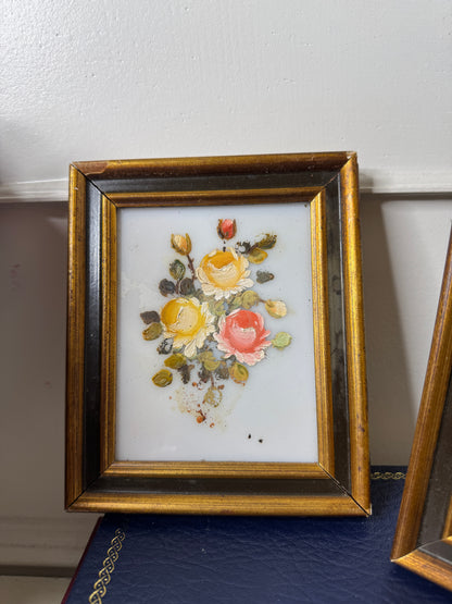 Original Vintage Mini Oil Paintings on Glass : Matching Small Frames