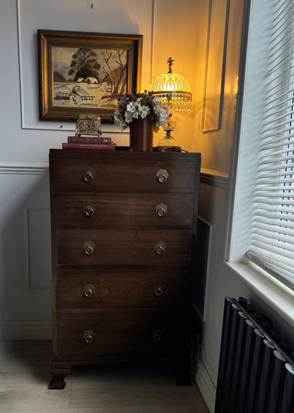 Vintage Walnut Tallboy Chest of Drawers – 5 Drawer with Layered Curved Legs | English Manor