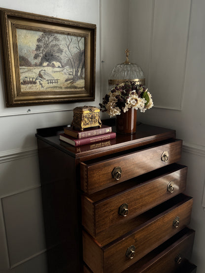Vintage Walnut Tallboy Chest of Drawers – 5 Drawer with Layered Curved Legs | English Manor