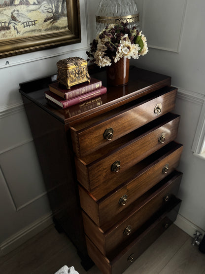 Vintage Walnut Tallboy Chest of Drawers – 5 Drawer with Layered Curved Legs | English Manor