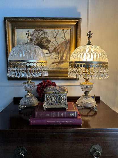 Vintage Italian Crystal Boudoir Lamps Pair – Hollywood Regency Cherub Nightstand 1940s