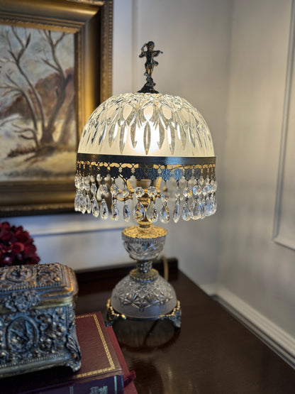 Vintage Italian Crystal Boudoir Lamps Pair – Hollywood Regency Cherub Nightstand 1940s