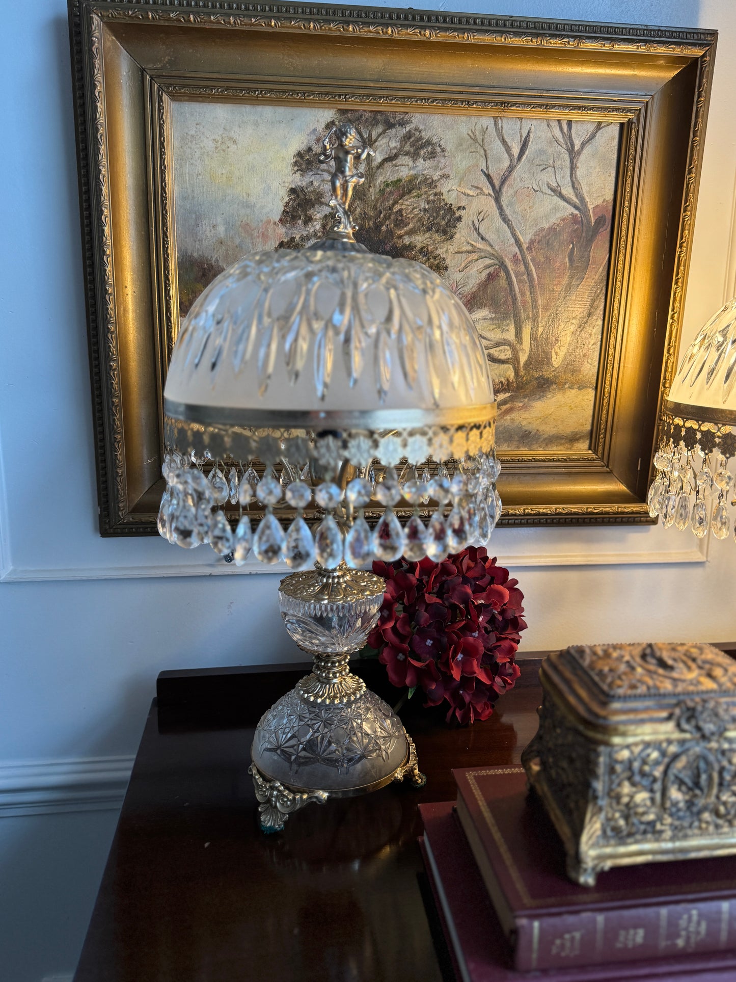 Vintage Italian Crystal Boudoir Lamps Pair – Hollywood Regency Cherub Nightstand 1940s