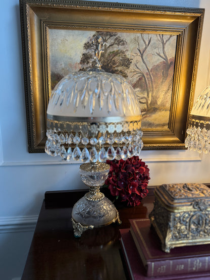 Vintage Italian Crystal Boudoir Lamps Pair – Hollywood Regency Cherub Nightstand 1940s