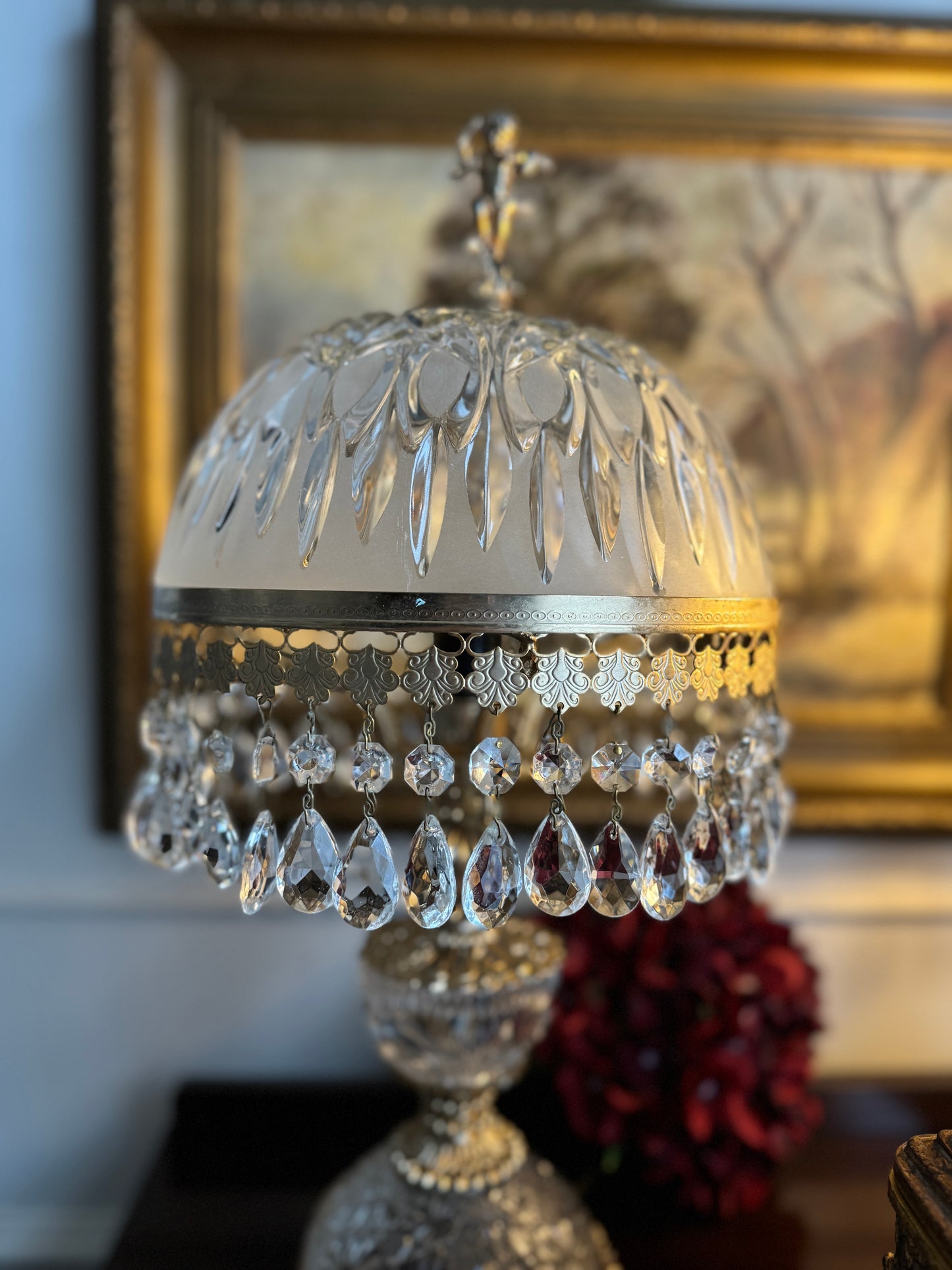 Vintage Italian Crystal Boudoir Lamps Pair – Hollywood Regency Cherub Nightstand 1940s