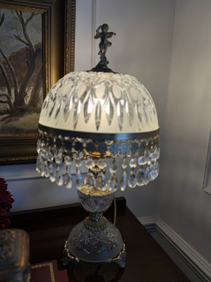 Vintage Italian Crystal Boudoir Lamps Pair – Hollywood Regency Cherub Nightstand 1940s