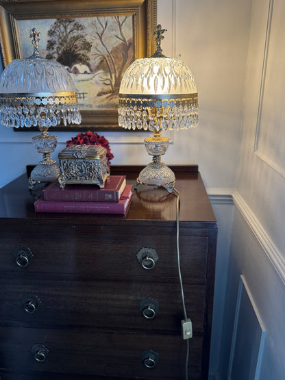 Vintage Italian Crystal Boudoir Lamps Pair – Hollywood Regency Cherub Nightstand 1940s