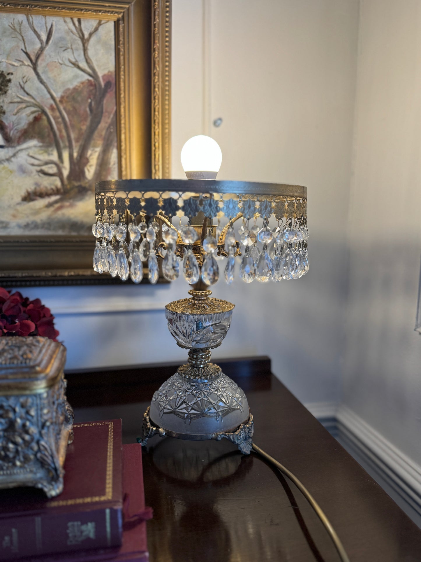 Vintage Italian Crystal Boudoir Lamps Pair – Hollywood Regency Cherub Nightstand 1940s