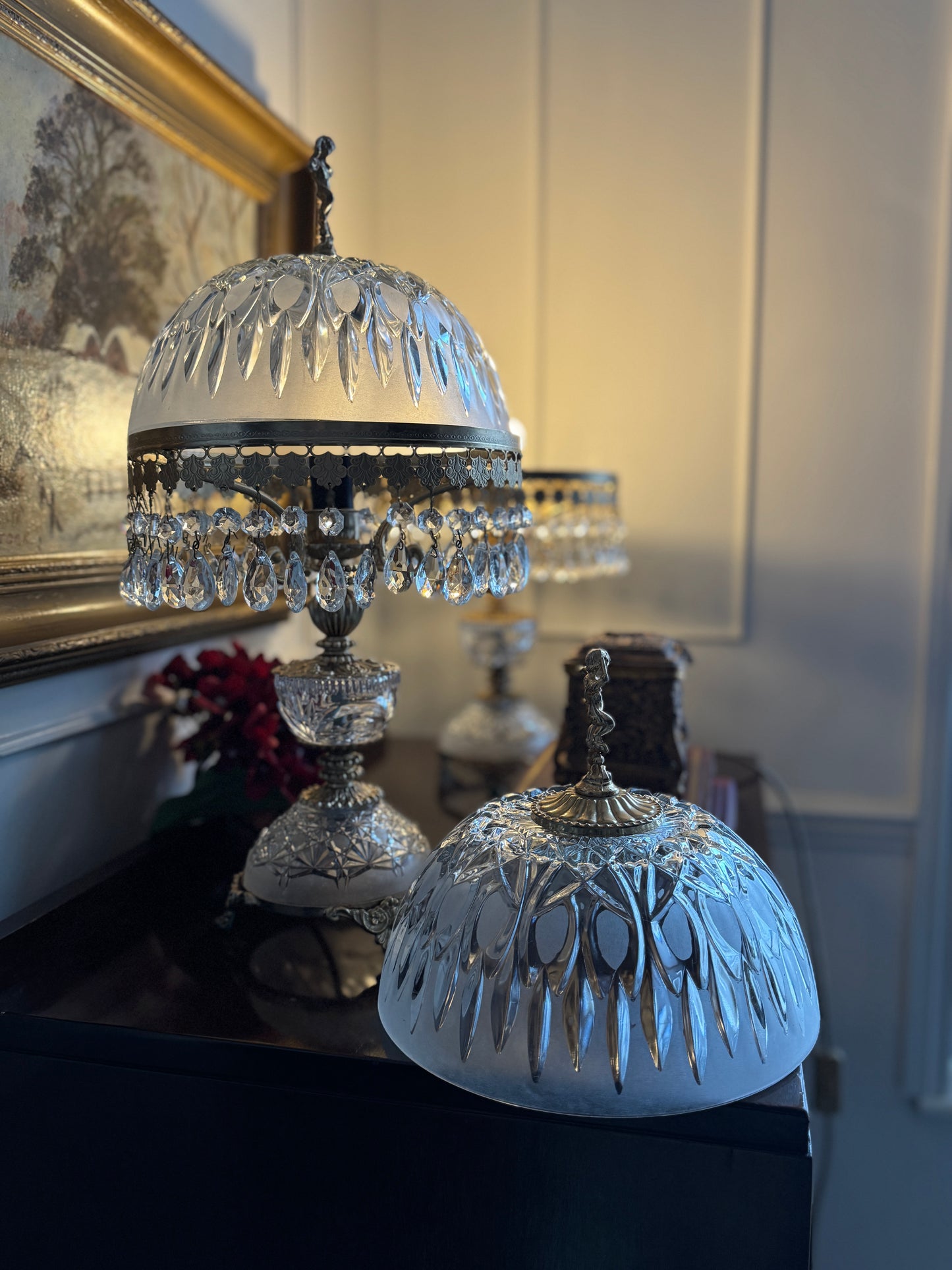 Vintage Italian Crystal Boudoir Lamps Pair – Hollywood Regency Cherub Nightstand 1940s