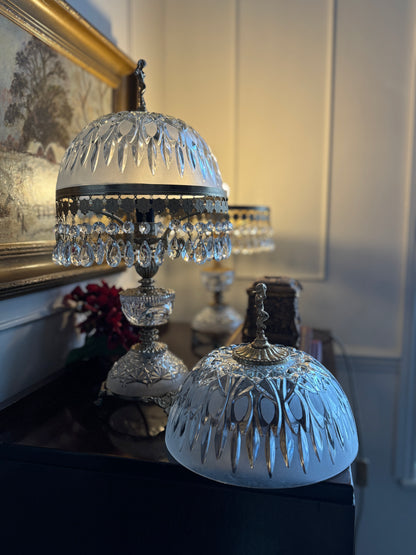 Vintage Italian Crystal Boudoir Lamps Pair – Hollywood Regency Cherub Nightstand 1940s