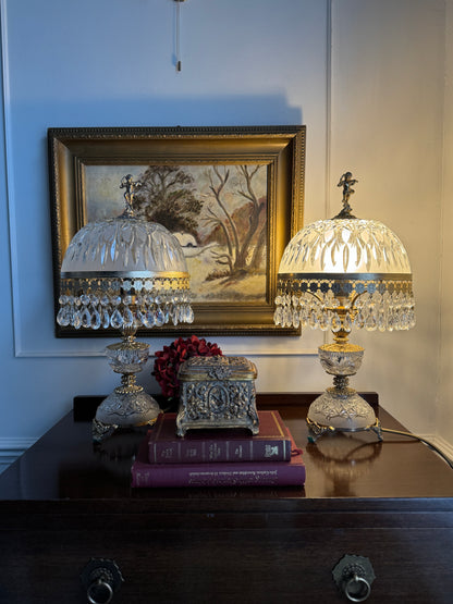Vintage Italian Crystal Boudoir Lamps Pair – Hollywood Regency Cherub Nightstand 1940s