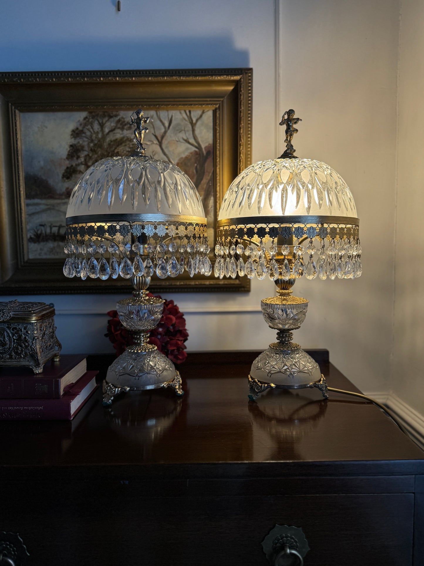 Vintage Italian Crystal Boudoir Lamps Pair – Hollywood Regency Cherub Nightstand 1940s