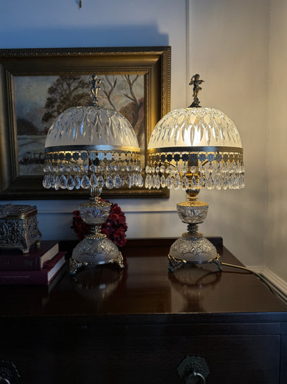 Vintage Italian Crystal Boudoir Lamps Pair – Hollywood Regency Cherub Nightstand 1940s