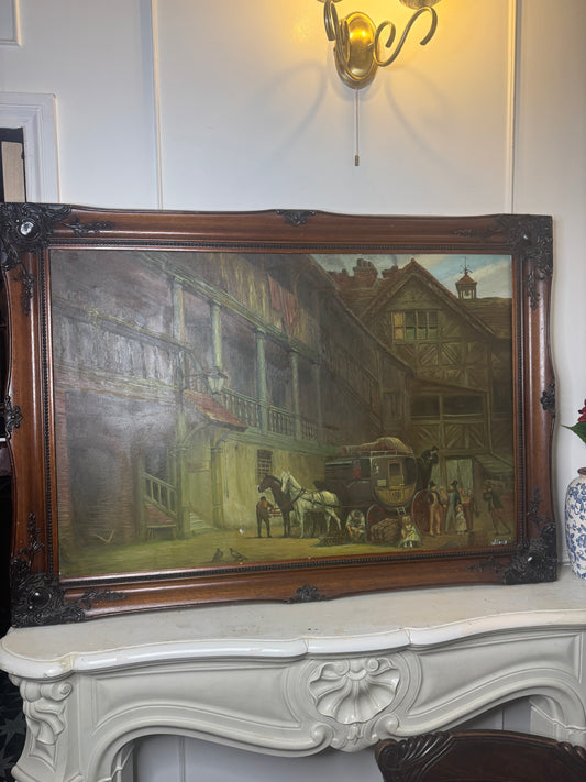 Extra Large Signed Victorian Themed Oil Painting in Wooden Carved Ornate Frame