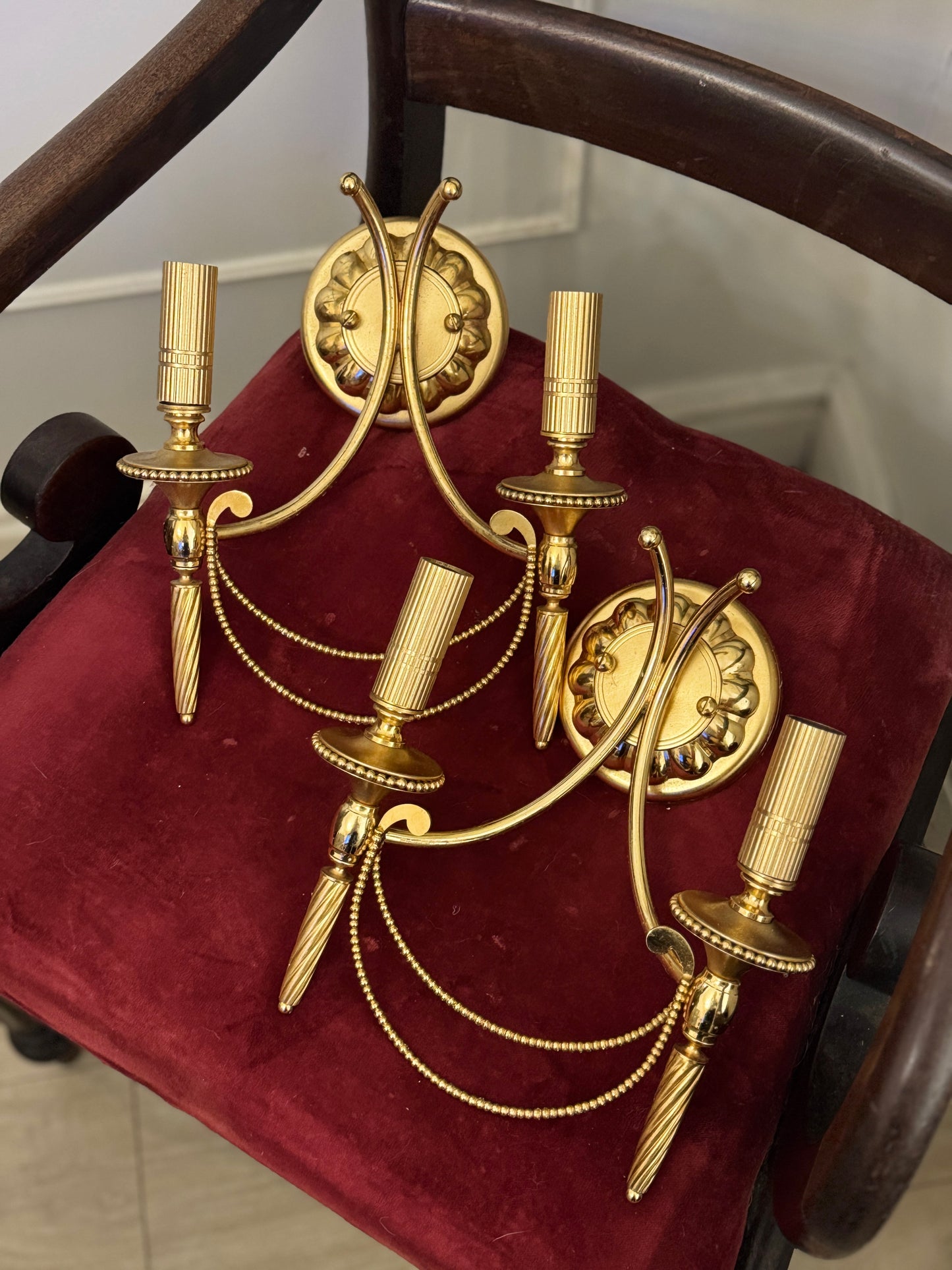 Vintage 1960s Gaetano Sciolari Hollywood Regency Gilt Brass Wall Sconces