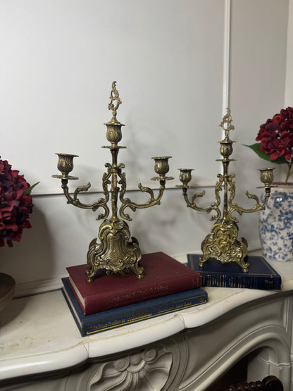 Vintage Rococo Style Brass Candelabra, Ornate 3-Arm Candlestick Holder Pair with Matching Candle Snuffer