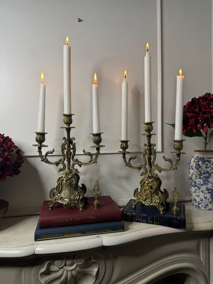 Vintage Rococo Style Brass Candelabra, Ornate 3-Arm Candlestick Holder Pair with Matching Candle Snuffer