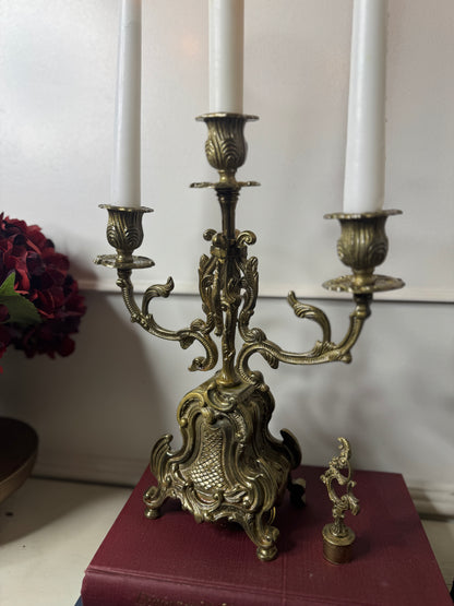 Vintage Rococo Style Brass Candelabra, Ornate 3-Arm Candlestick Holder Pair with Matching Candle Snuffer