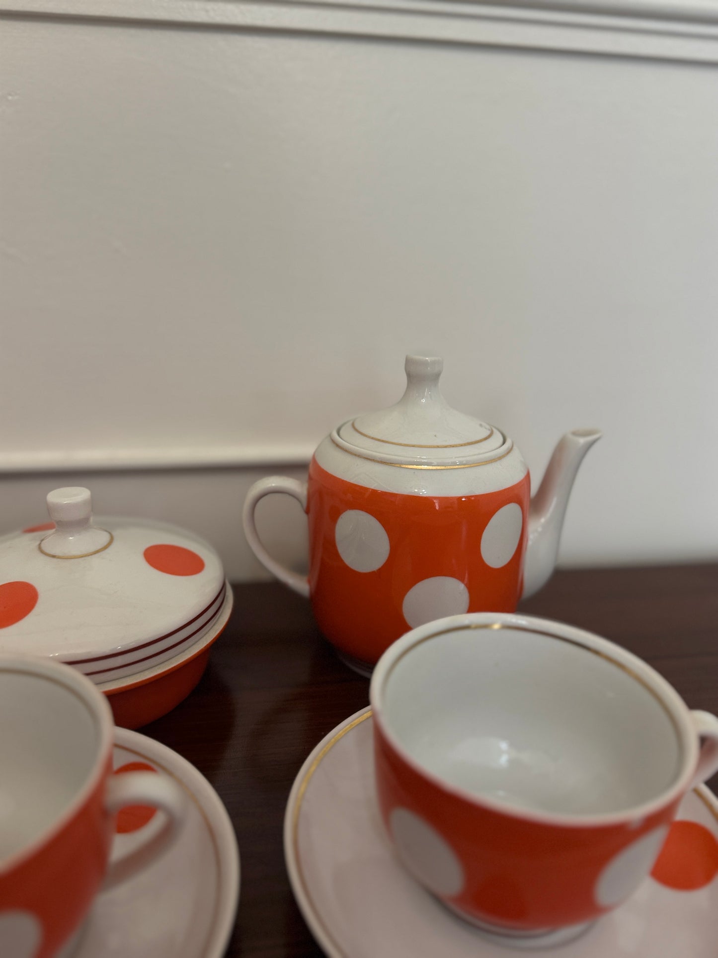 Vintage Soviet Polka Dot Porcelain Tea Set – 15 Piece Mid-Century Tea Service