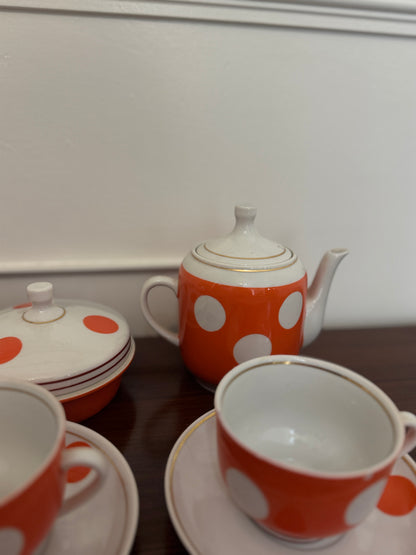 Vintage Soviet Polka Dot Porcelain Tea Set – 15 Piece Mid-Century Tea Service