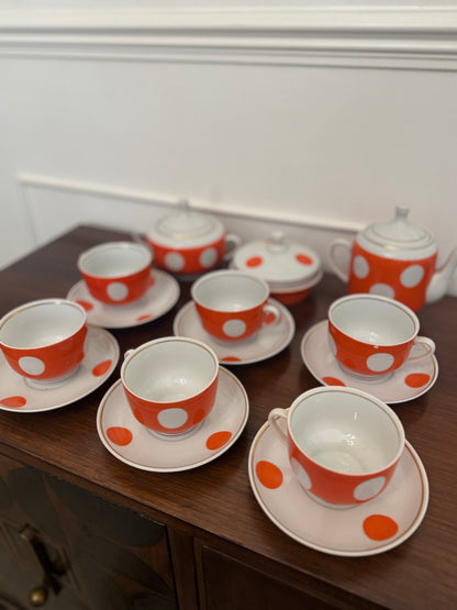 Vintage Soviet Polka Dot Porcelain Tea Set – 15 Piece Mid-Century Tea Service