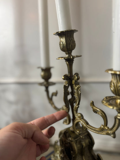 Vintage Rococo Style Brass Candelabra, Ornate 3-Arm Candlestick Holder Pair with Matching Candle Snuffer