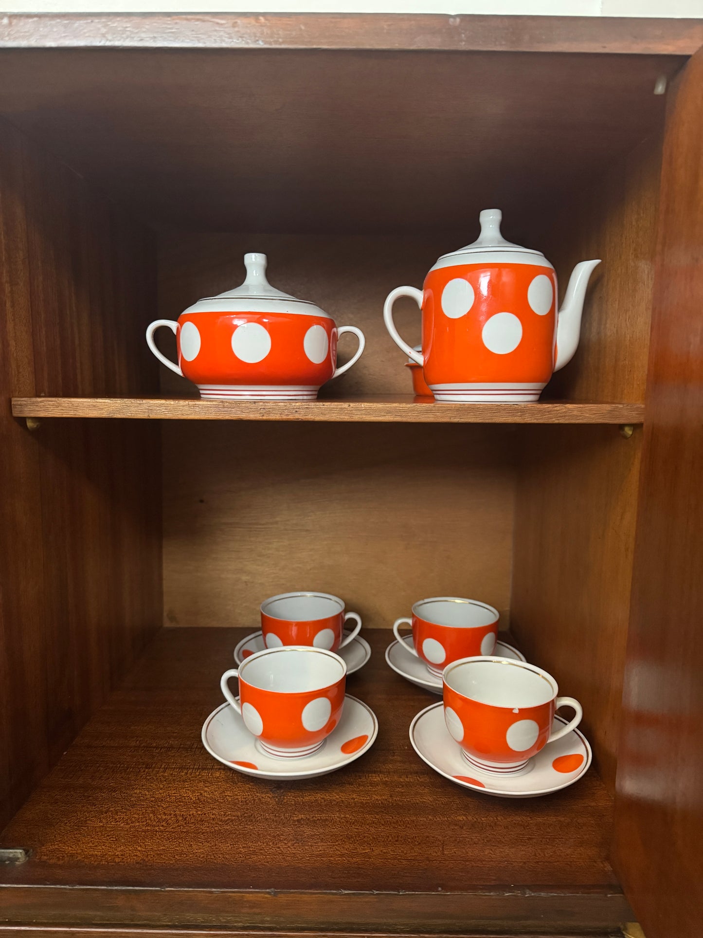 Vintage Soviet Polka Dot Porcelain Tea Set – 15 Piece Mid-Century Tea Service
