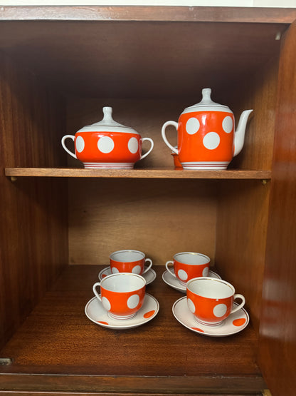 Vintage Soviet Polka Dot Porcelain Tea Set – 15 Piece Mid-Century Tea Service
