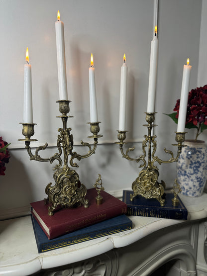 Vintage Rococo Style Brass Candelabra, Ornate 3-Arm Candlestick Holder Pair with Matching Candle Snuffer